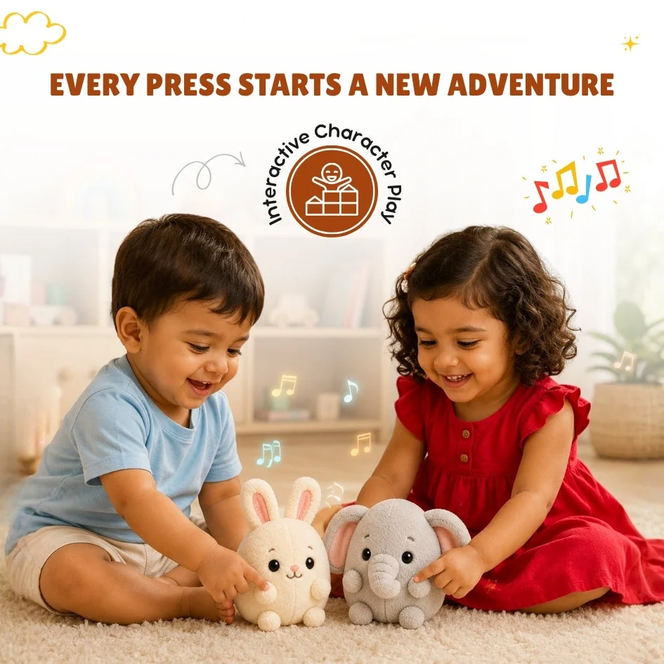 Every press starts a new adventure — children playing with the Bunny and Elephant plush toys