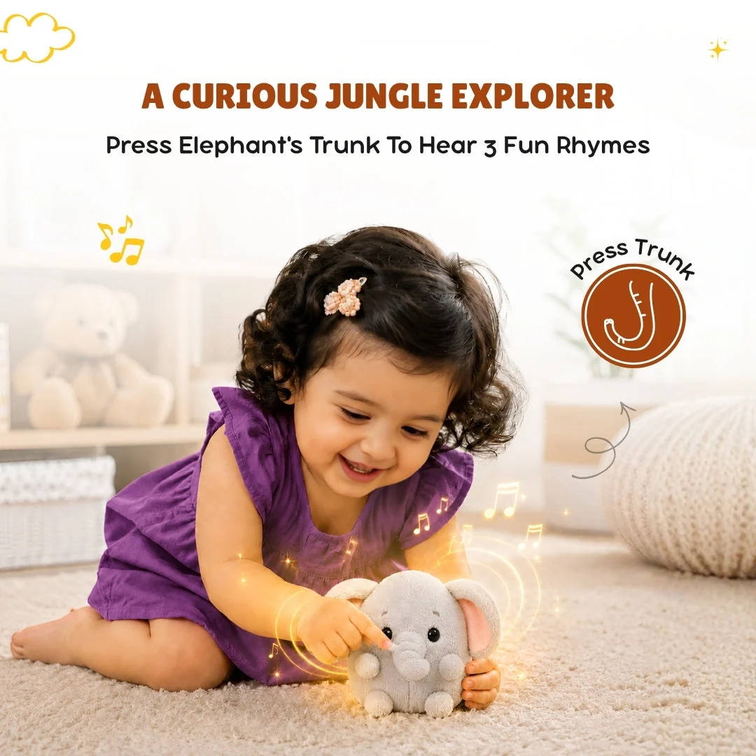 A curious jungle explorer — press Elephant's trunk to hear 3 fun rhymes