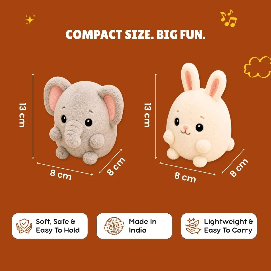 Compact size, big fun — each plush is about 13 cm, ultra-soft, made in India, lightweight and easy to carry